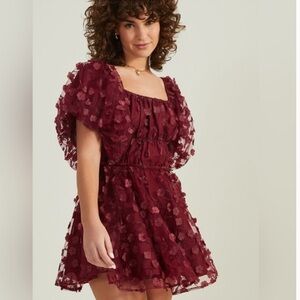 Altar'd State 3D Red Floral Tiered Puff Sleeve Mini Dress XS NWT